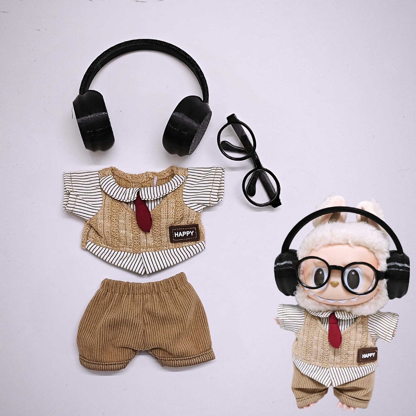 Labubu Clothes Retro British style Doll Outfits Hat Leopard Glass Camera Suit For 15/17cm Labubu