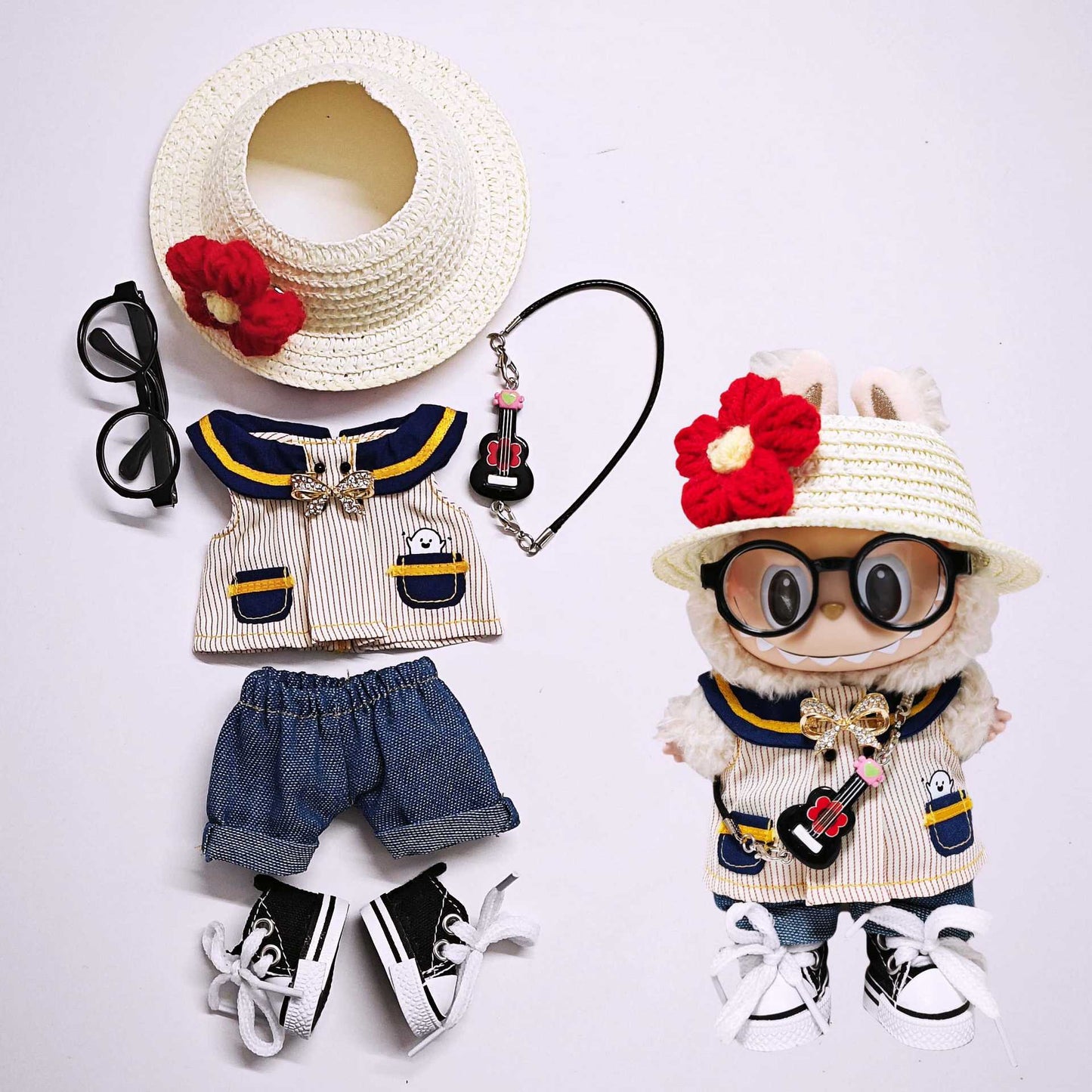 Labubu Clothes Set For V1/V2/V3 Doll Outfits Striped Tops Jeans Hat Accessories