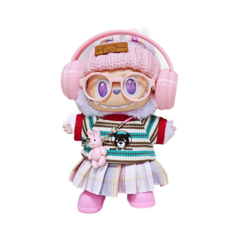 Labubu Clothes Striped T-Shirt+Pleated Skirt+Headphone+Hat+Shoes+Glass+Rabbit Accessories 7PCS Outfits Set