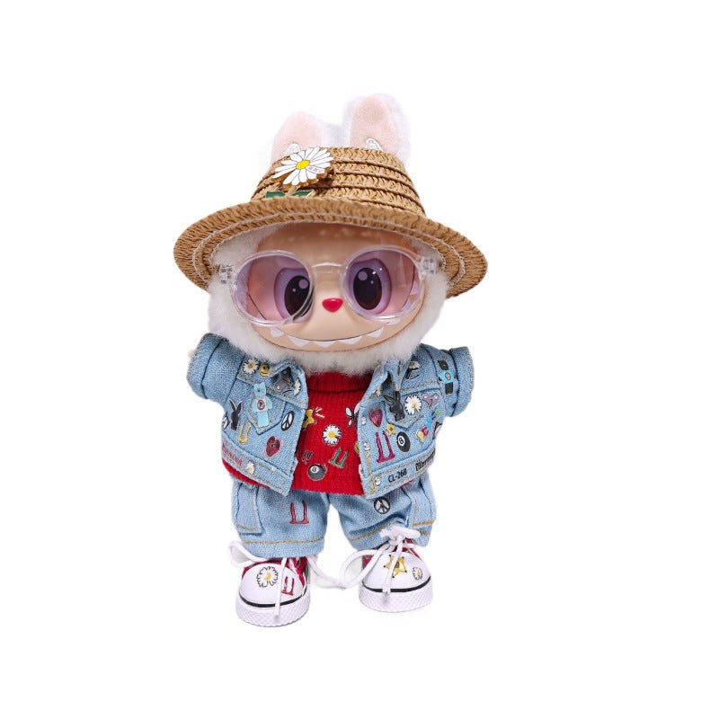6PCS Set Labubu Clothes Fashion Denim Jacket Tops+Jeans+T-shirt+Shoes+Glasses+Hat Doll Outfits