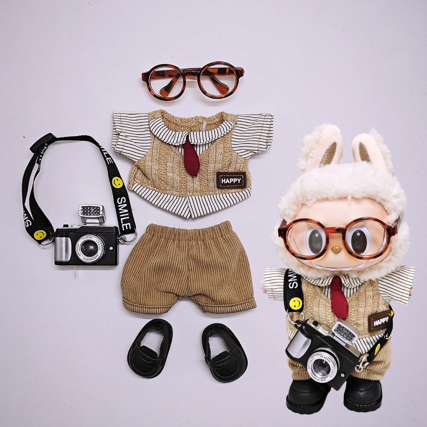 Labubu Clothes Retro British style Doll Outfits Hat Leopard Glass Camera Suit For 15/17cm Labubu
