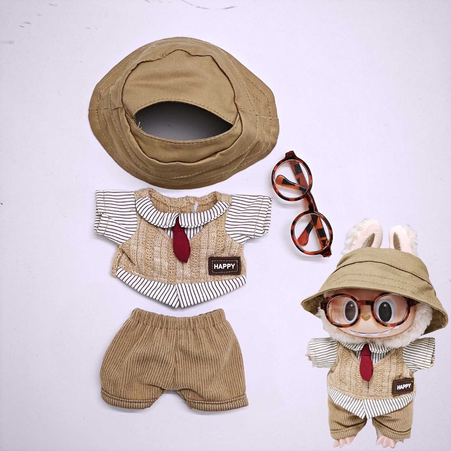 Labubu Clothes Retro British style Doll Outfits Hat Leopard Glass Camera Suit For 15/17cm Labubu