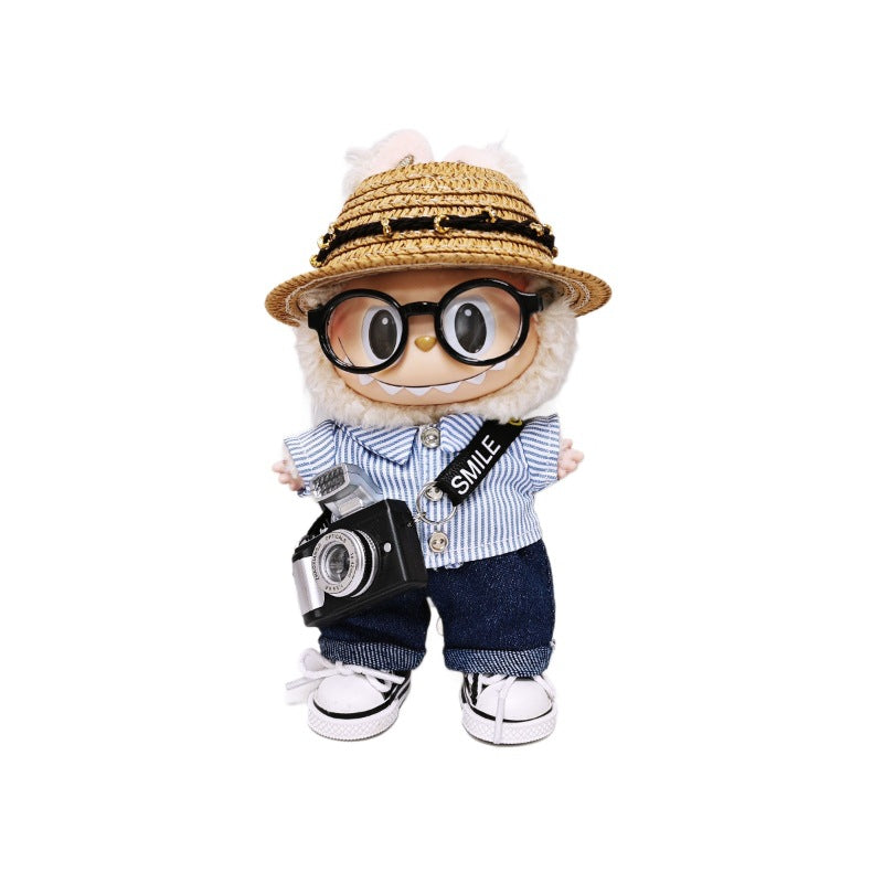 For 15cm/17cm Labubu 6PCS Set Outfits Striped Shirt+Jeans+Hat+Shoes+Glass+Camera Clothes