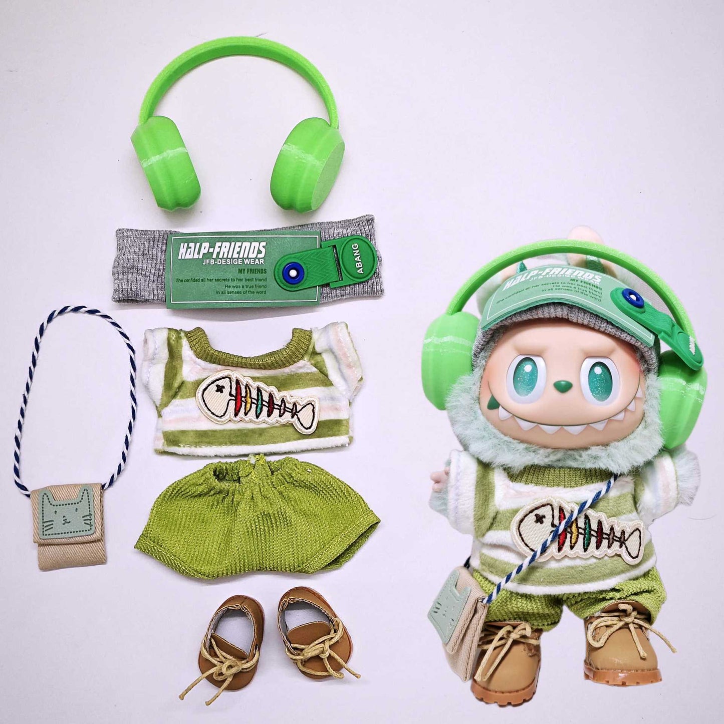 For V1/V2/V3 Labubu Fishbone Striped Tops and Pant Clothes Shoes Glass Headphone Outfits
