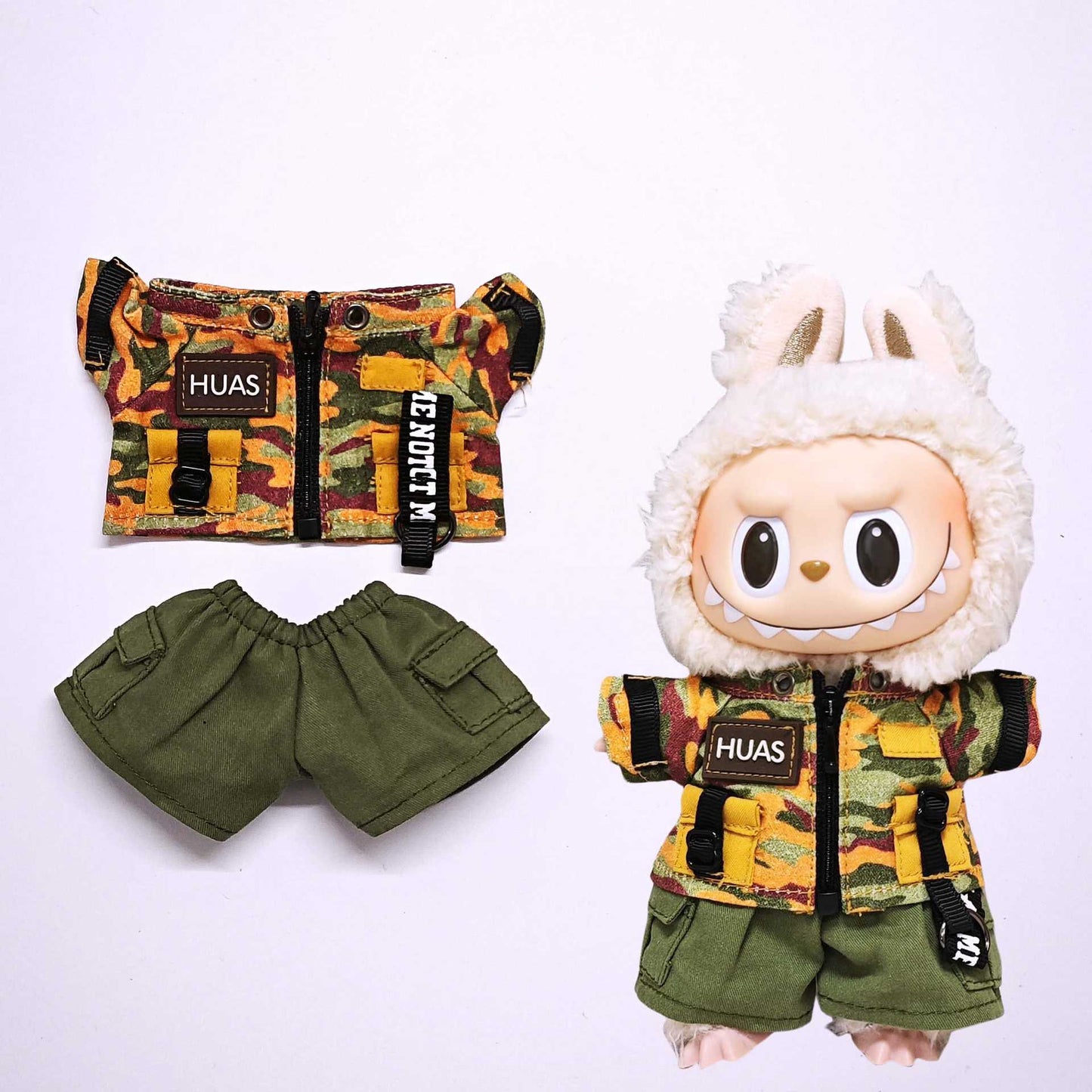 Labubu Clothes Set Fashion Camouflage Tops and Pant Headphone Camera Outfits For 15cm/17cm Lafufu