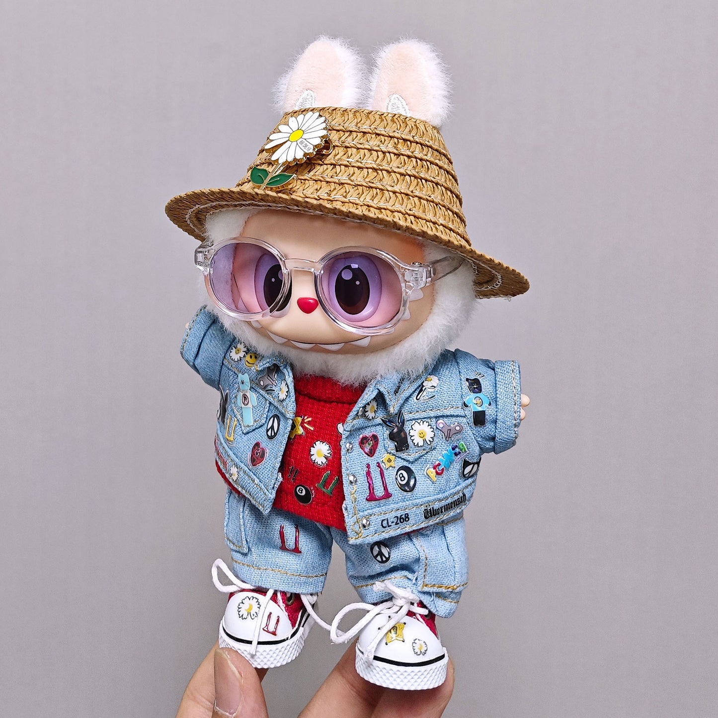 6PCS Set Labubu Clothes Fashion Denim Jacket Tops+Jeans+T-shirt+Shoes+Glasses+Hat Doll Outfits