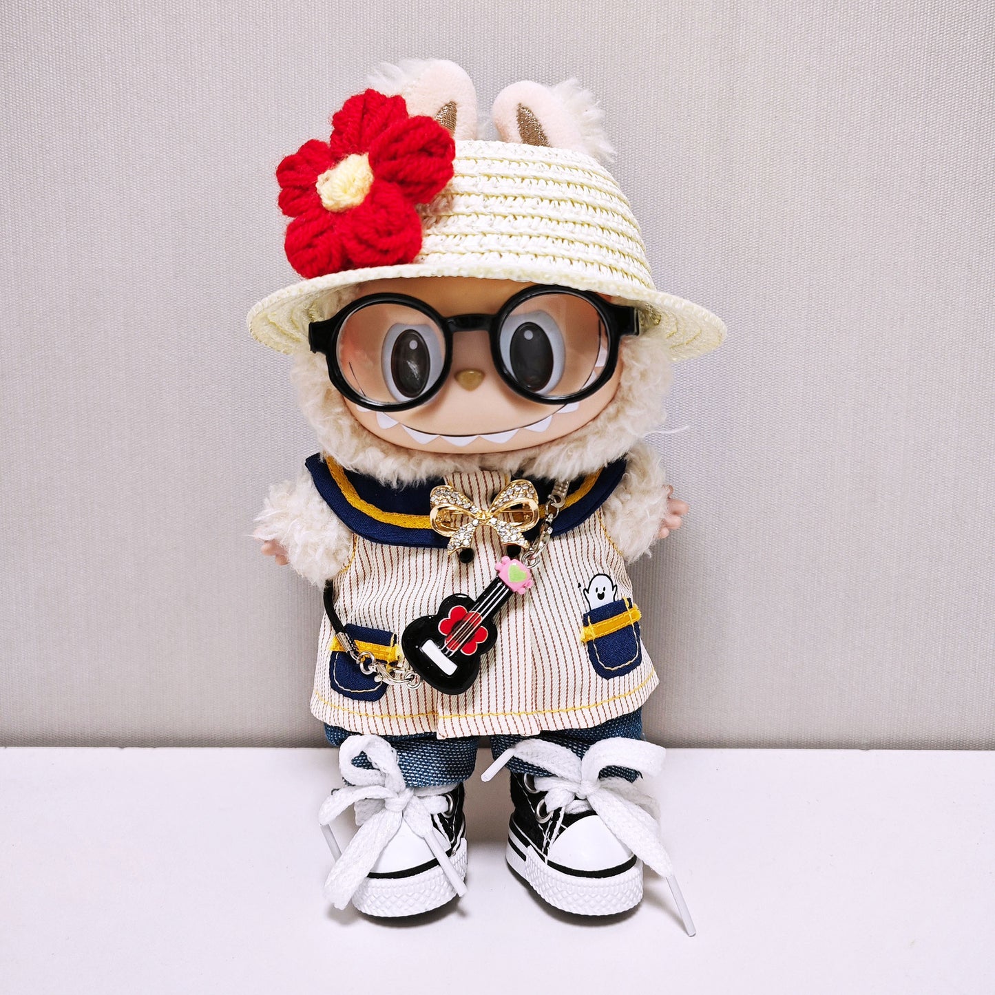 Labubu Clothes Set For V1/V2/V3 Doll Outfits Striped Tops Jeans Hat Accessories