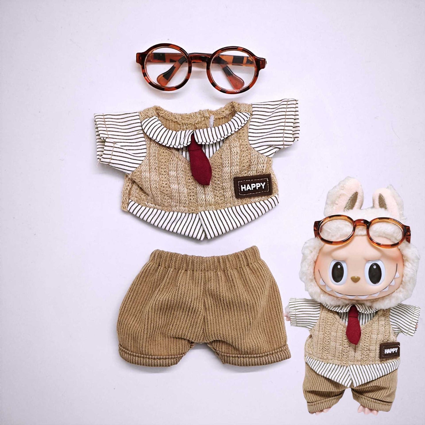 Labubu Clothes Retro British style Doll Outfits Hat Leopard Glass Camera Suit For 15/17cm Labubu