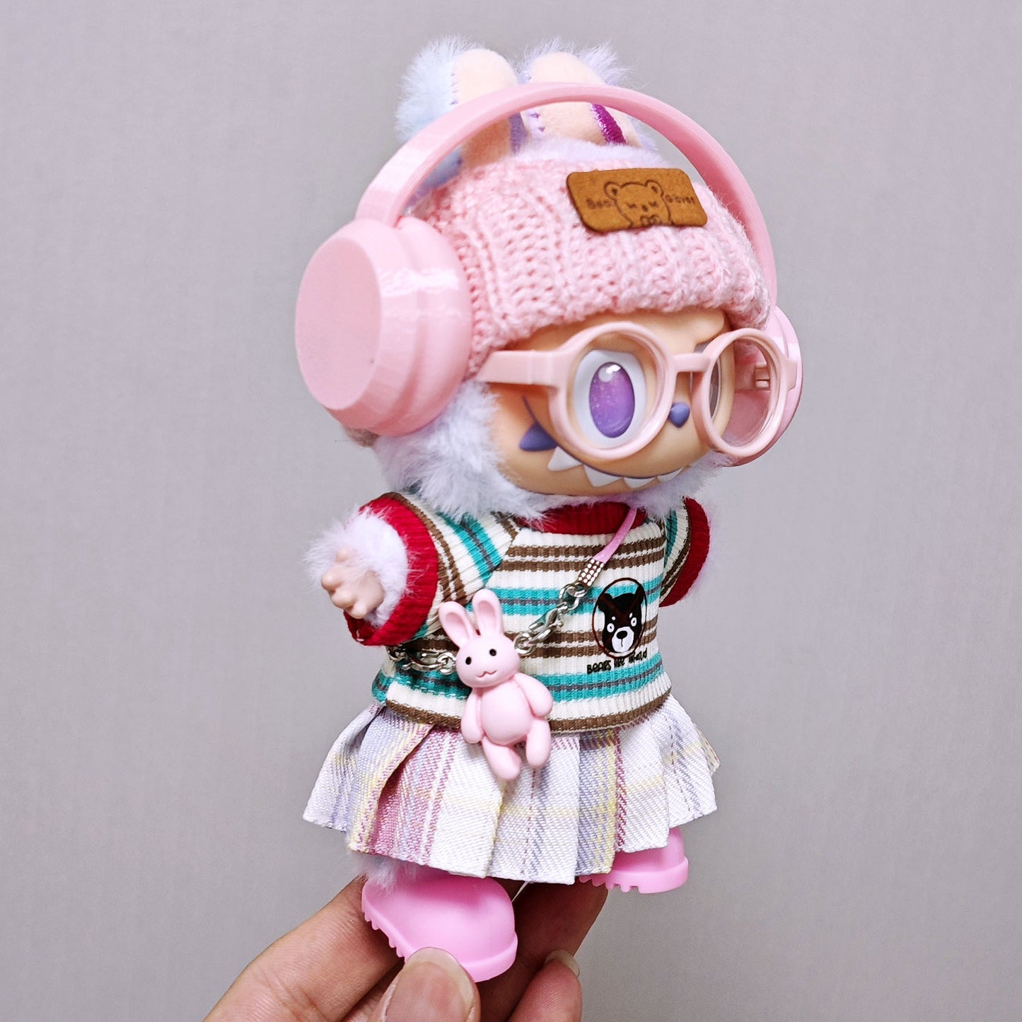 Labubu Clothes Striped T-Shirt+Pleated Skirt+Headphone+Hat+Shoes+Glass+Rabbit Accessories 7PCS Outfits Set