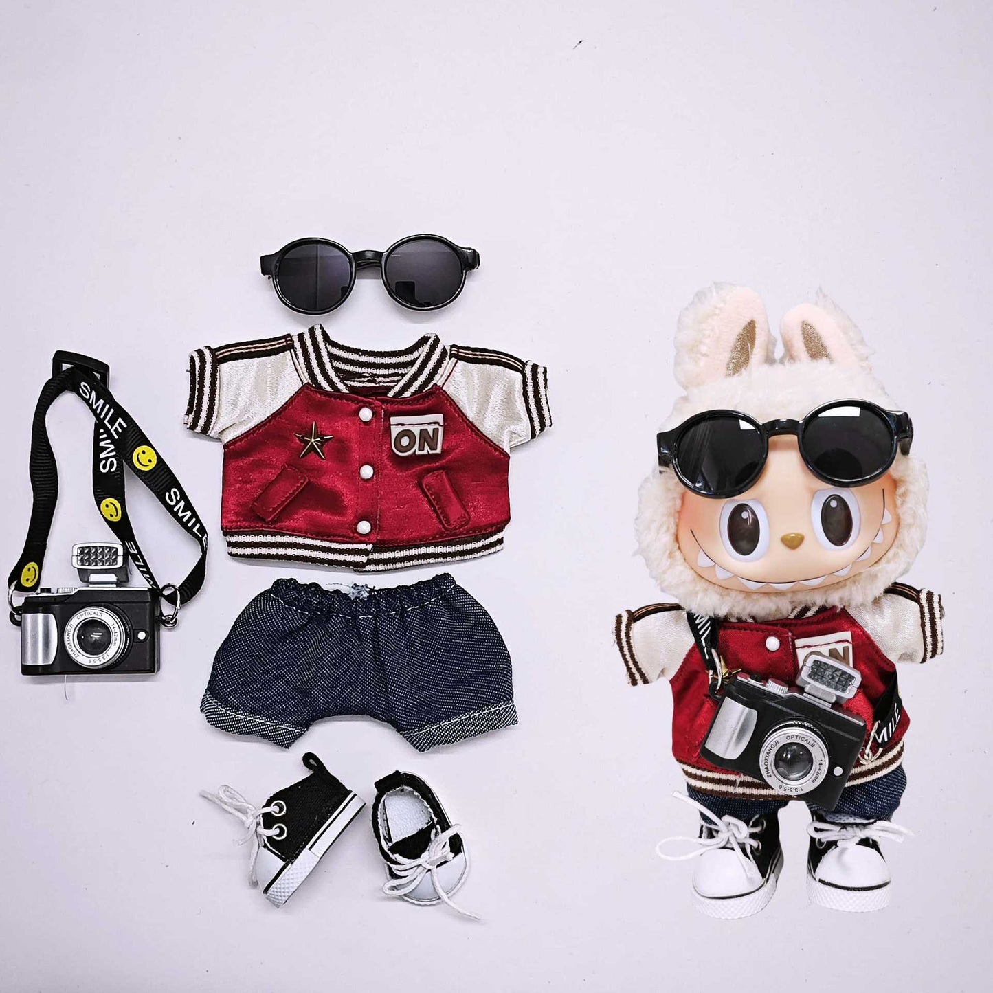 Labubu Clothes For 17cm Doll Outfits Baseball Jacket Tops Jeans Skirt Sunglasses Camera Fashion Accessories