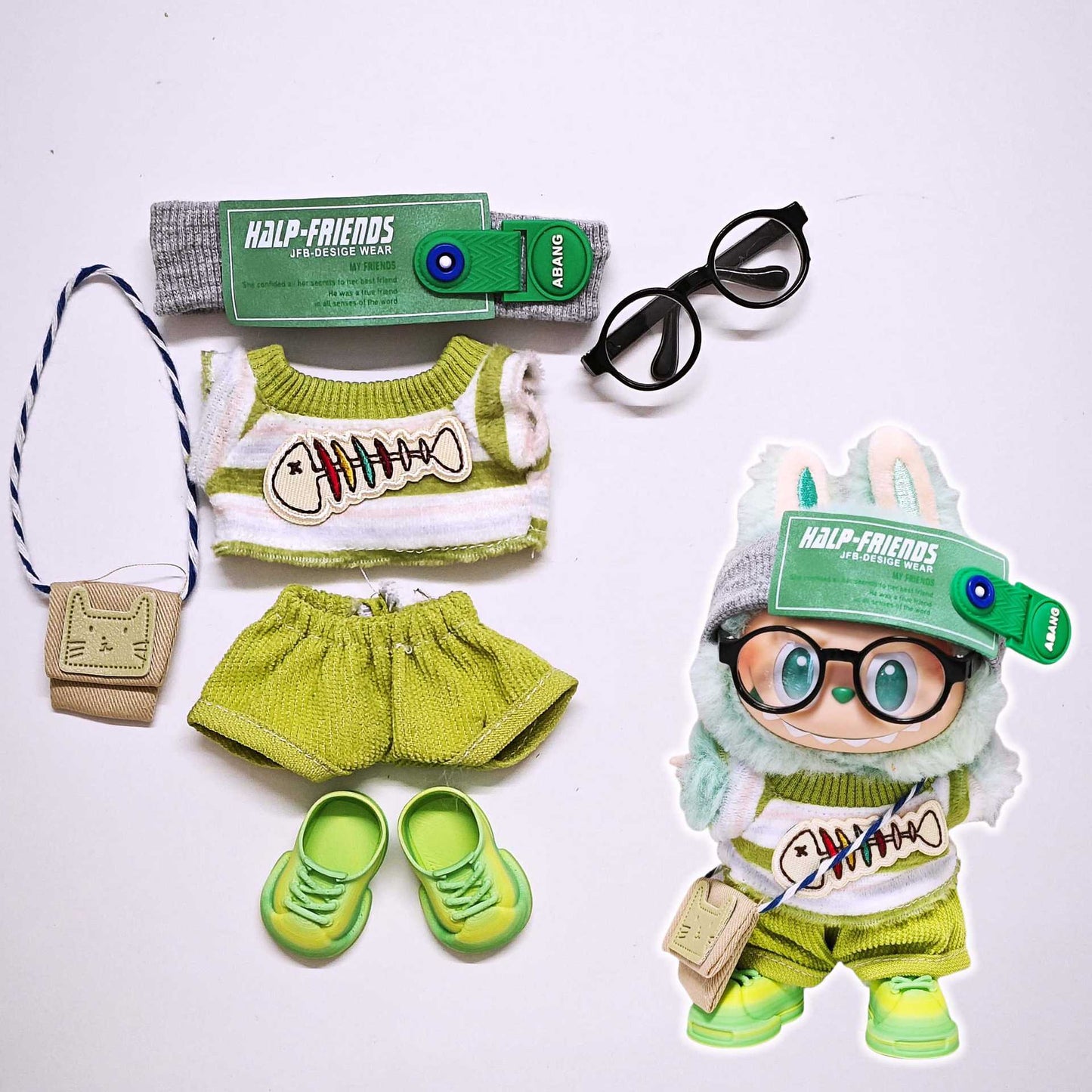 For V1/V2/V3 Labubu Fishbone Striped Tops and Pant Clothes Shoes Glass Headphone Outfits