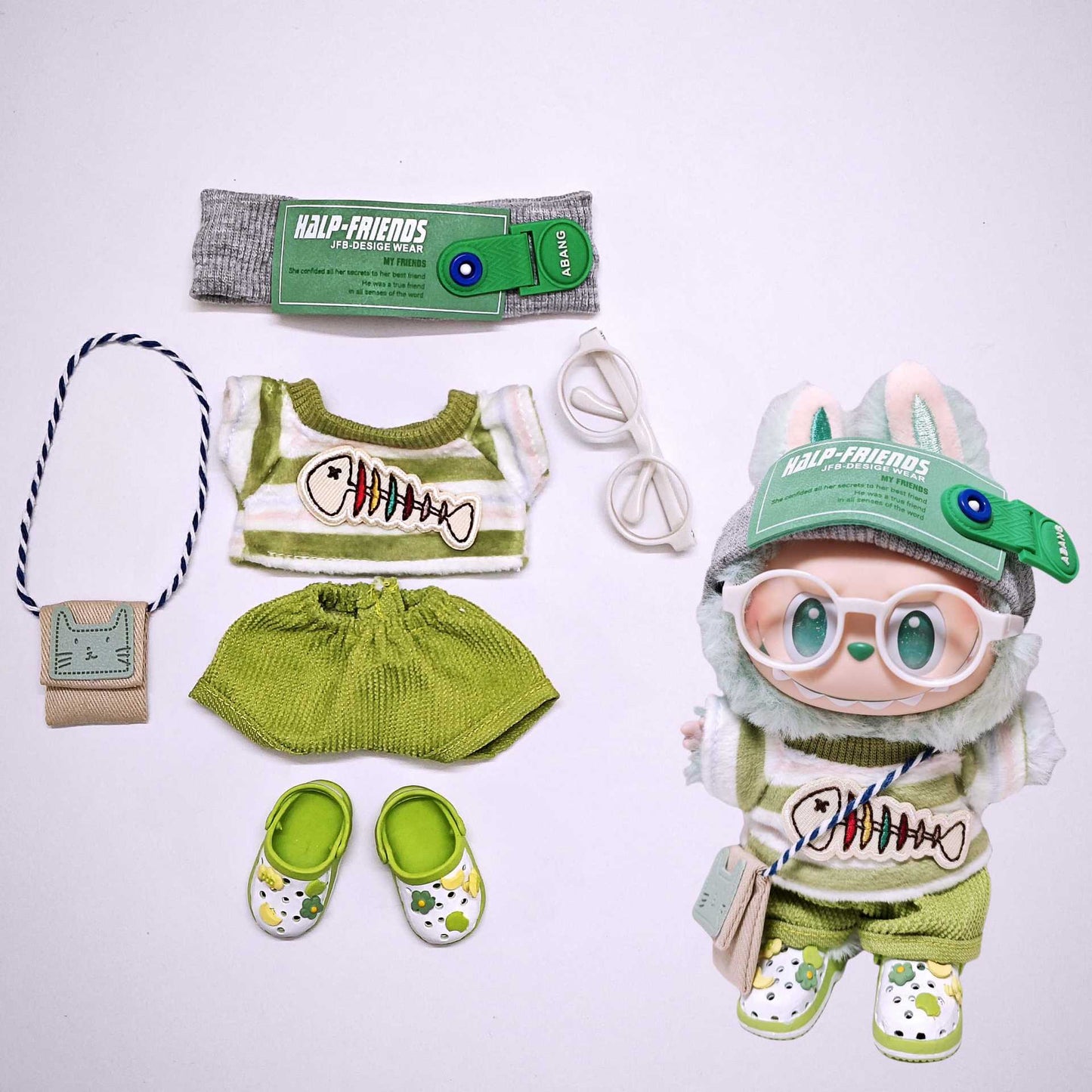 For V1/V2/V3 Labubu Fishbone Striped Tops and Pant Clothes Shoes Glass Headphone Outfits