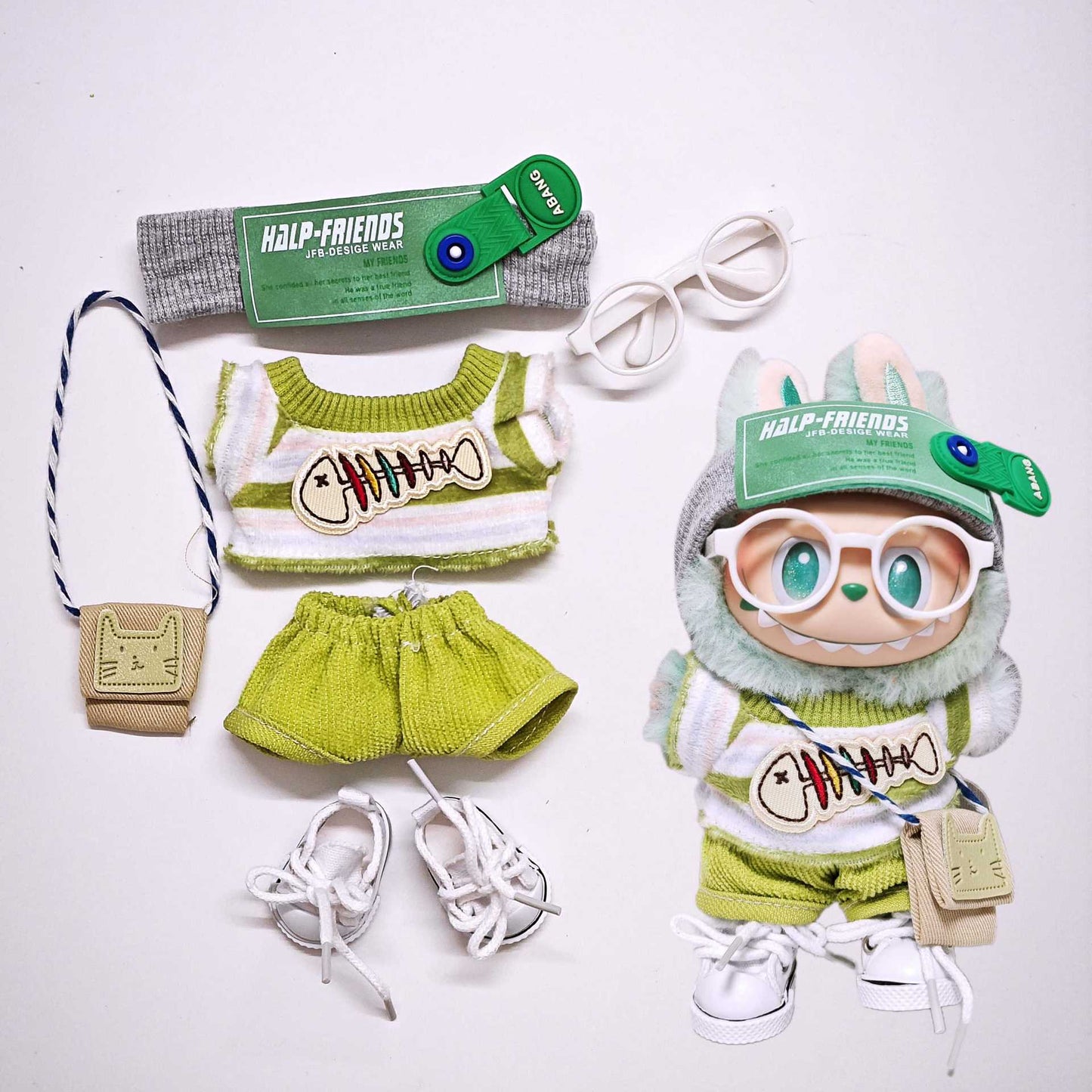For V1/V2/V3 Labubu Fishbone Striped Tops and Pant Clothes Shoes Glass Headphone Outfits