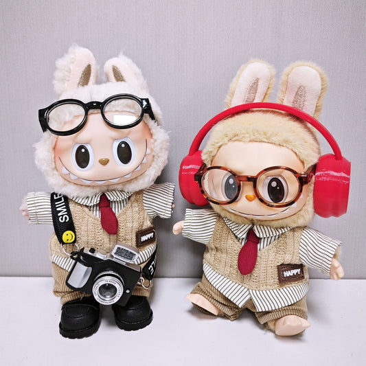 Labubu Clothes Retro British style Doll Outfits Hat Leopard Glass Camera Suit For 15/17cm Labubu
