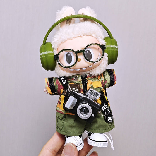 Labubu Clothes Set Fashion Camouflage Tops and Pant Headphone Camera Outfits For 15cm/17cm Lafufu