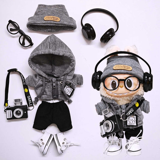 Labubu Clothing Set For 15cm/17cm Doll Hooded Sweatshirt Tops Pant Headphone Glass Shoes Camera