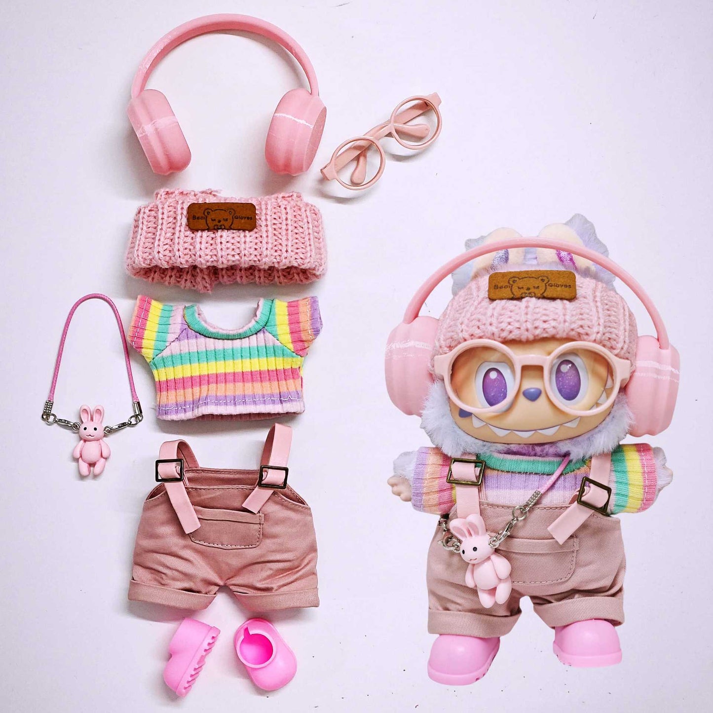 Labubu Outfits 7PCS Set Rainbow T-Shirt Overalls Headphone Clothes For V1/V2 Labuu/Lafufu (Suitable for 15cm/17cm)