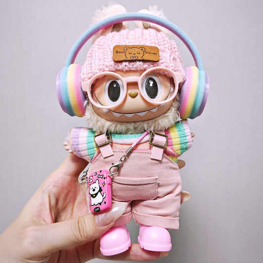 Labubu Outfits 7PCS Set Rainbow T-Shirt Overalls Headphone Clothes For V1/V2 Labuu/Lafufu (Suitable for 15cm/17cm)