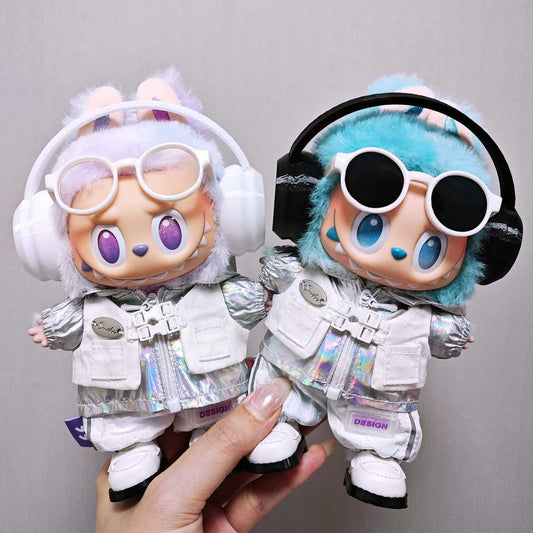 Labubu Outfits Silver Hooded Coat Pant Headphone Glass For 15cm/17cm Labubu Clothes Set