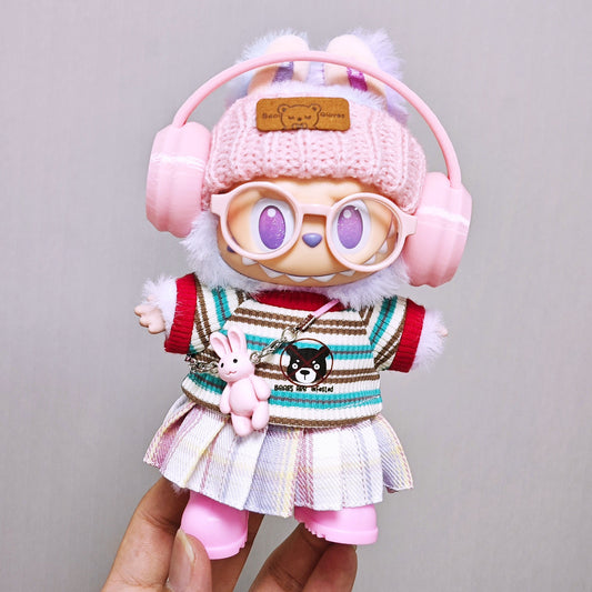 Labubu Clothes Striped T-Shirt+Pleated Skirt+Headphone+Hat+Shoes+Glass+Rabbit Accessories 7PCS Outfits Set