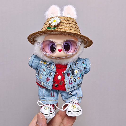 6PCS Set Labubu Clothes Fashion Denim Jacket Tops+Jeans+T-shirt+Shoes+Glasses+Hat Doll Outfits