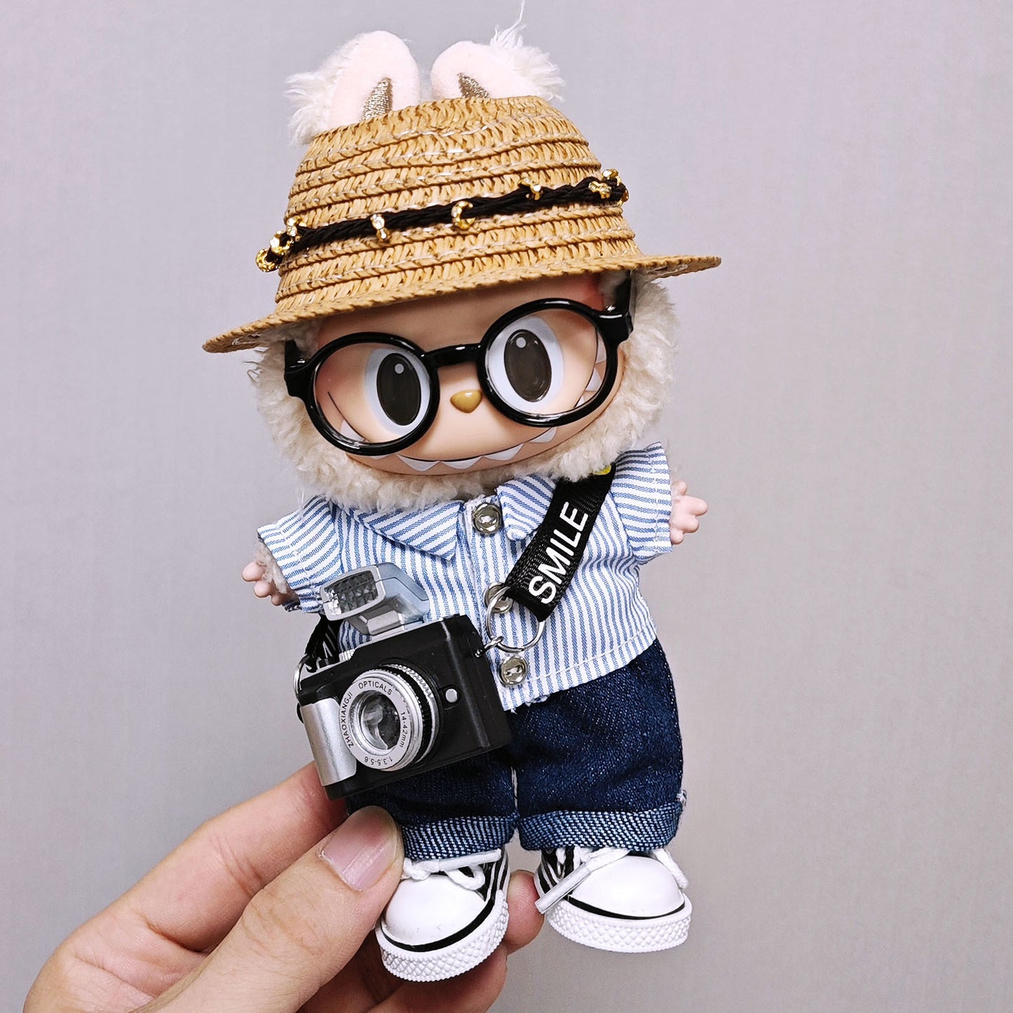 For 15cm/17cm Labubu 6PCS Set Outfits Striped Shirt+Jeans+Hat+Shoes+Glass+Camera Clothes