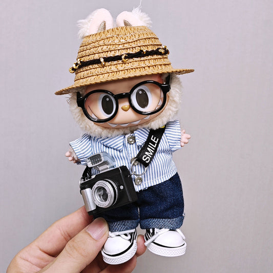 For 15cm/17cm Labubu 6PCS Set Outfits Striped Shirt+Jeans+Hat+Shoes+Glass+Camera Clothes