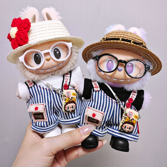 Labubu Jumpsuit Cute T-shirt Tops+Stiped Overalls+Hat+Glasses+Shoes+Phone Case Accessories 6PCS Set Doll Clothes